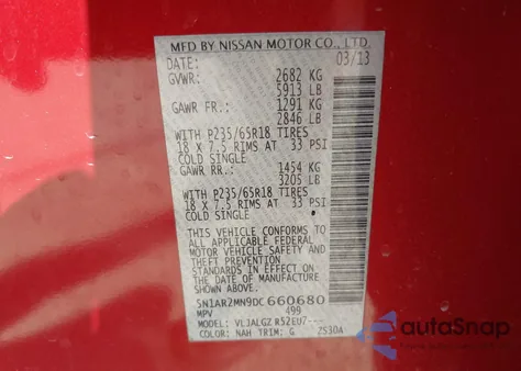 2013 Nissan Pathfinder Sl z USA, uszkodzony, nr VIN 5N1AR2MN9DC660680